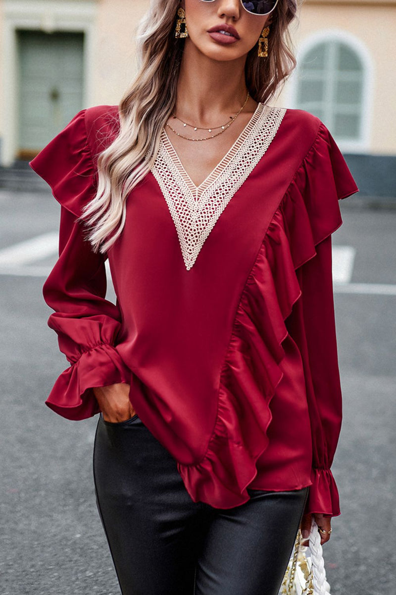 Elegant and Flirty: V-Neck Flounce Sleeve Ruffle Trim Blouse at Burkesgarb