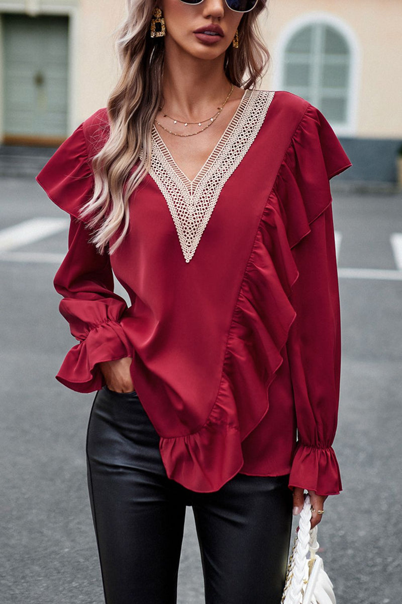 Elegant and Flirty: V-Neck Flounce Sleeve Ruffle Trim Blouse at Burkesgarb