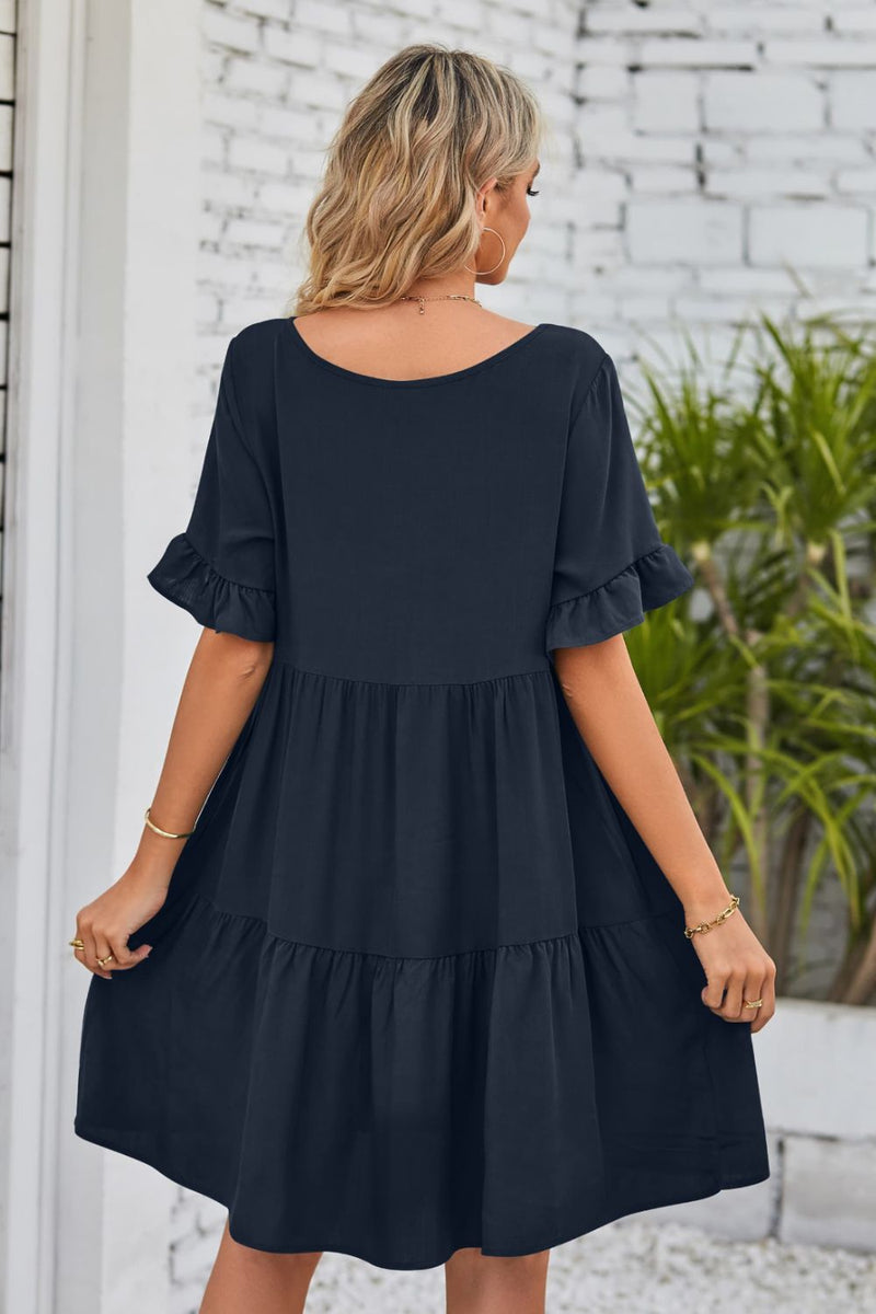 Flirty and Feminine: V-Neck Flounce Sleeve Tiered Dress at Burkesgarb