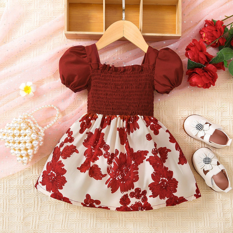 Blooming Beauty: Baby Girl Floral Frill Trim Square Neck Smocked Dress at Burkesgarb