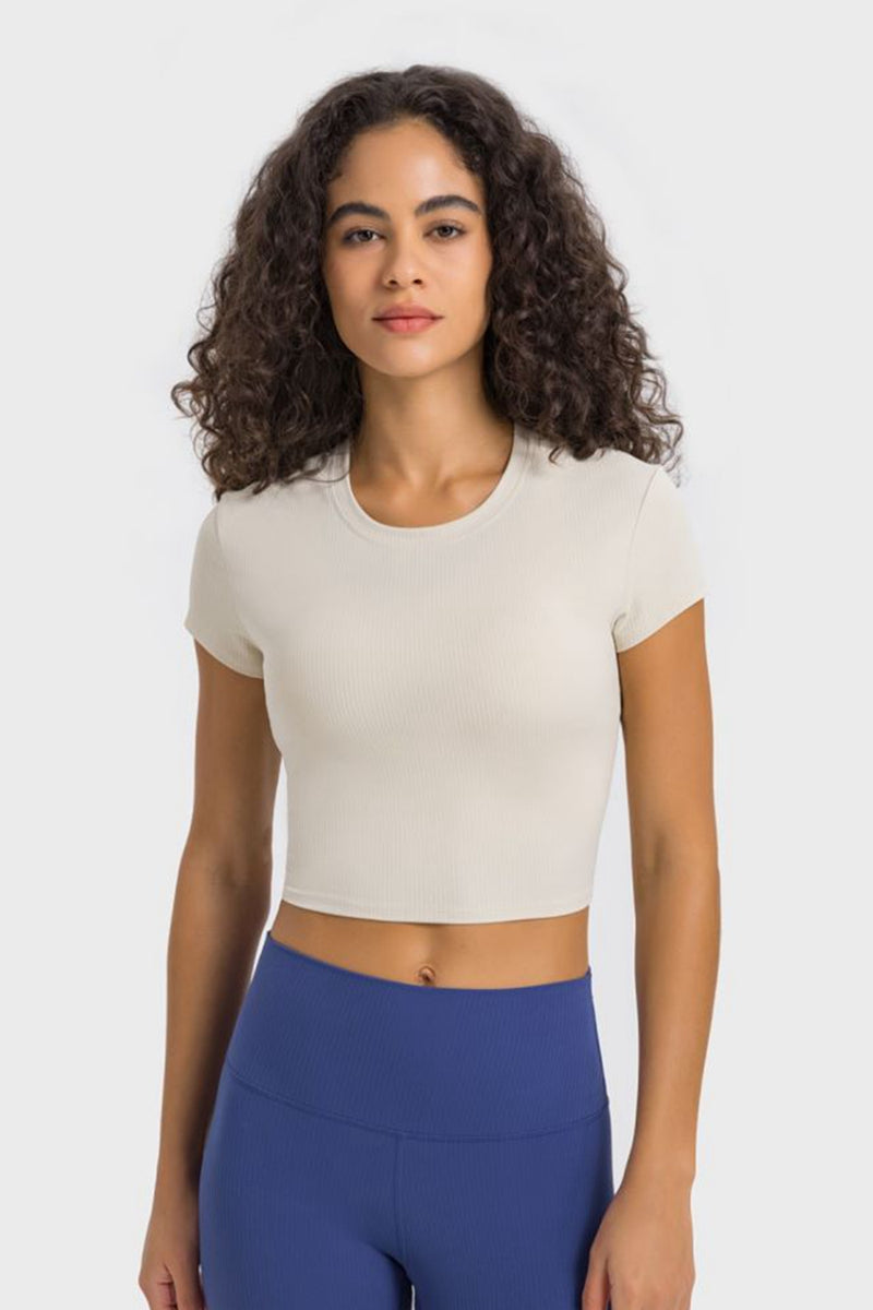 Stay Active in Style with the Round Neck Short Sleeve Cropped Sports T-Shirt at Burkesgarb