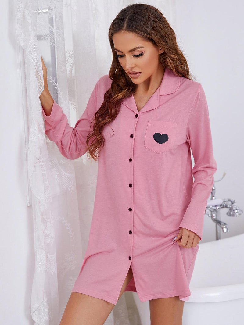 Sweet Dreams: Heart Graphic Long Sleeve Night Dress at Burkesgarb