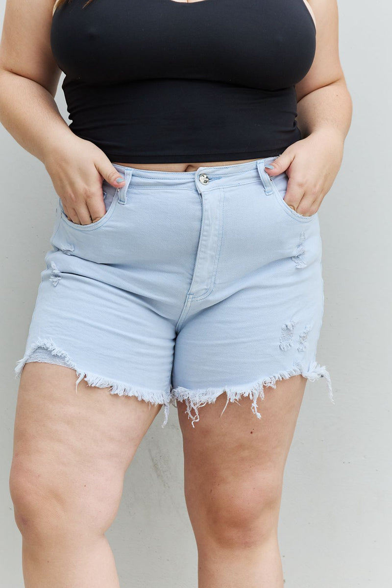 Shop RISEN Katie Full Size High Waisted Distressed Shorts in Ice Blue | Burkesgarb