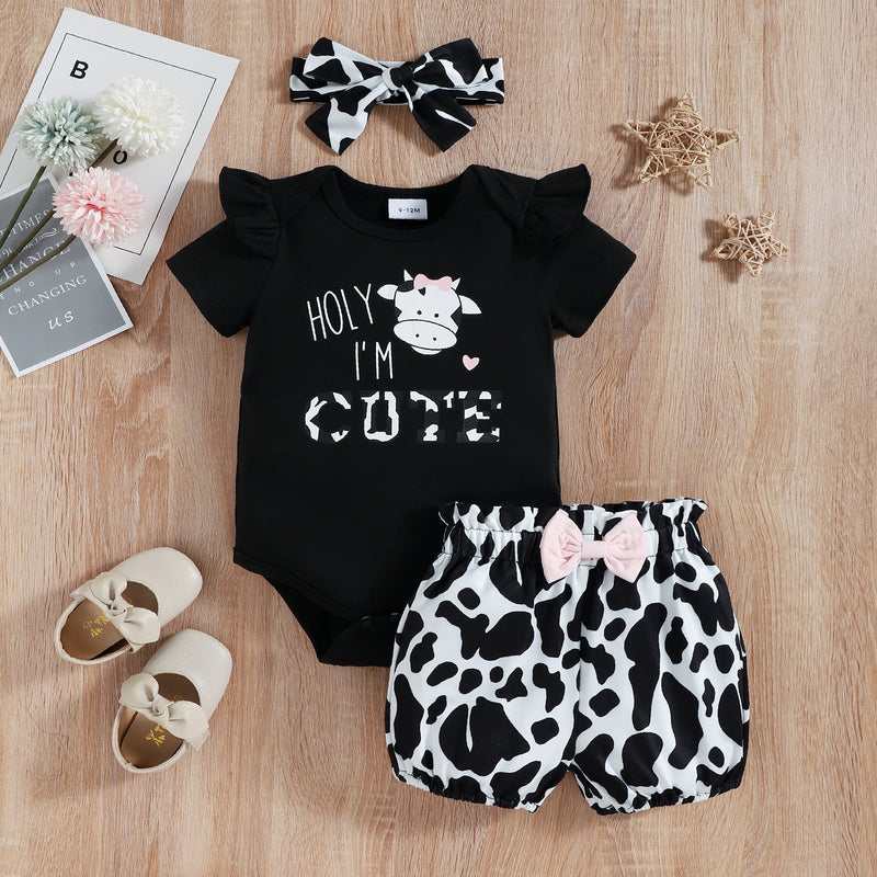 "Adorable and Trendy: Ruffled Bodysuit and Cow Print Shorts Set for Girls by Burkesgarb | Stylish and Comfortable for Little Fashionistas"