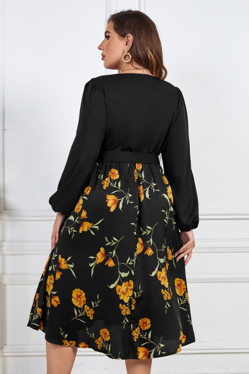 Elegance in Bloom: Plus Size Floral Print Midi Dress with Tie Belt