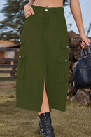 Fashionably Chic: Slit Front Denim Skirt with Pockets at Burkesgarb
