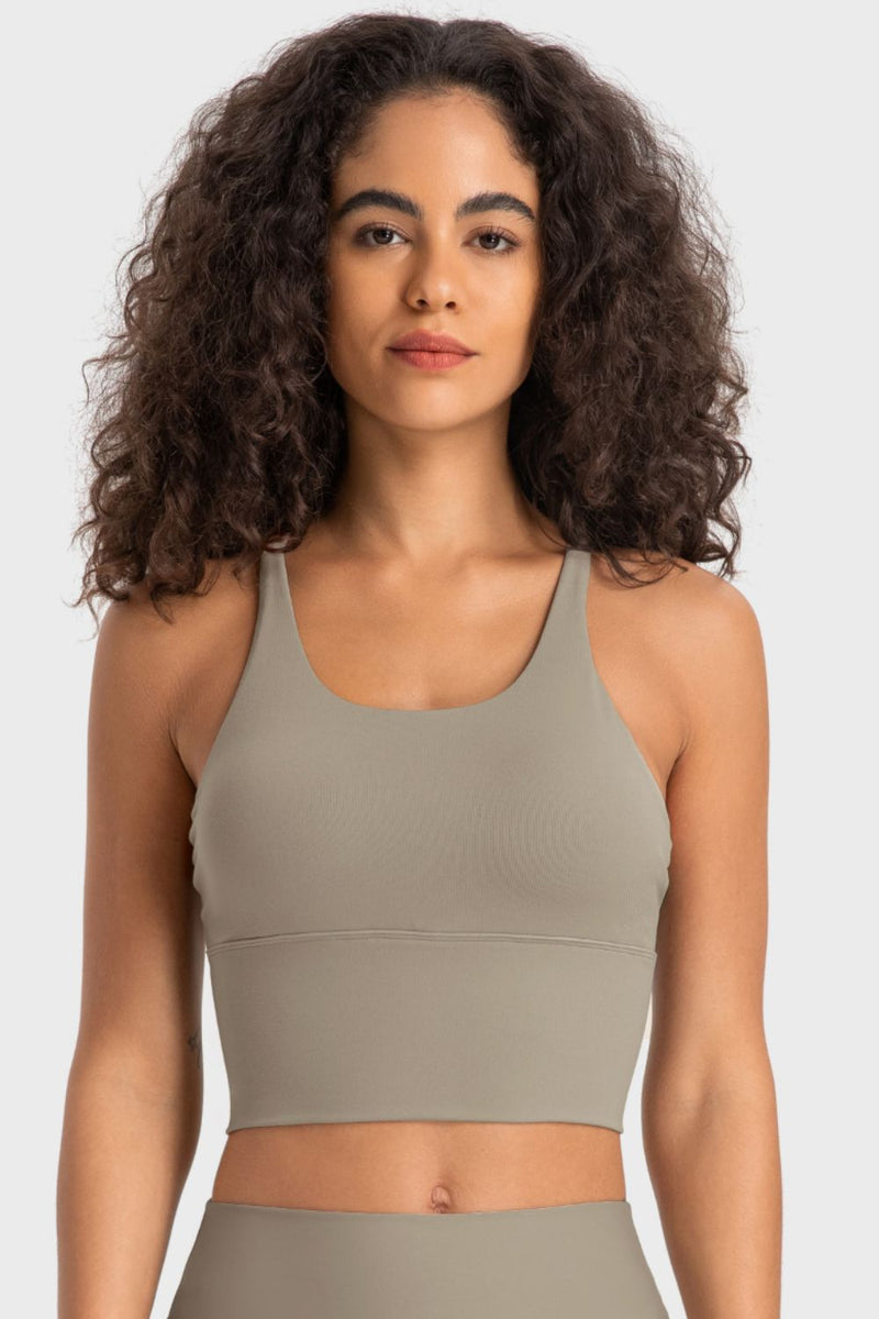 Stylish Support: Crisscross Back Ladder Detail Sports Bra at Burkesgarb