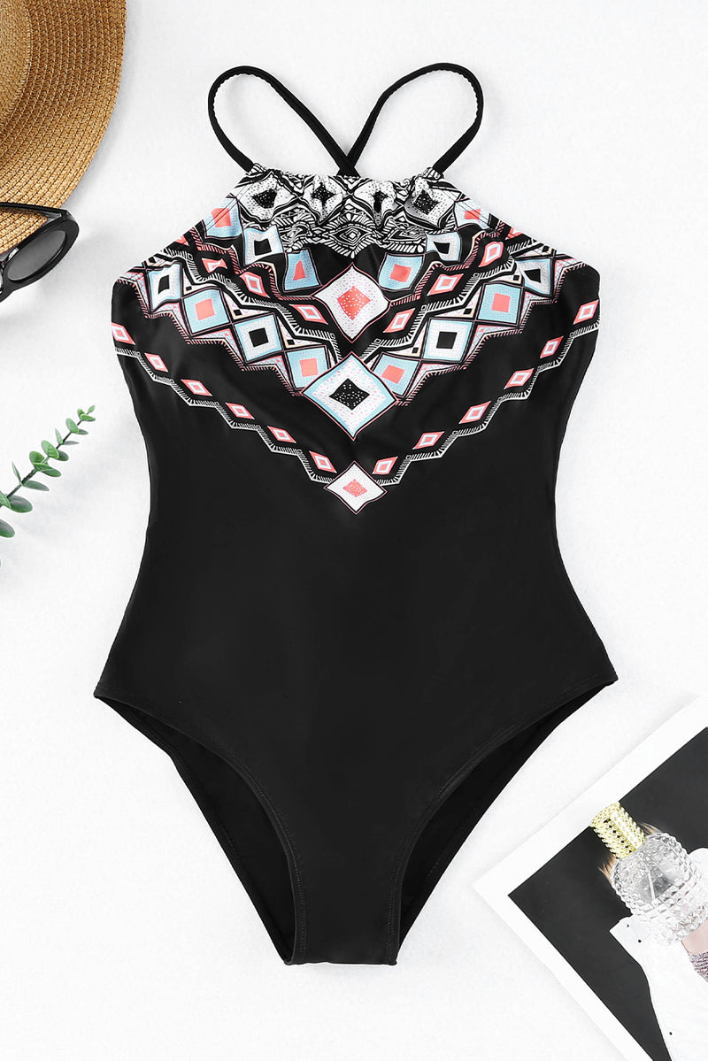 Chic and Stylish: Geometric Print Tie Back One-Piece Swimsuit | Burkesgarb