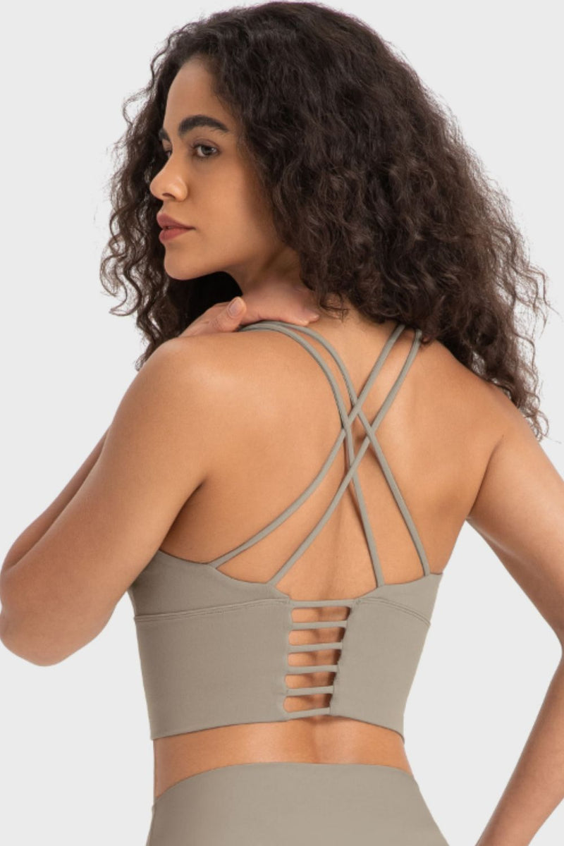 Stylish Support: Crisscross Back Ladder Detail Sports Bra at Burkesgarb