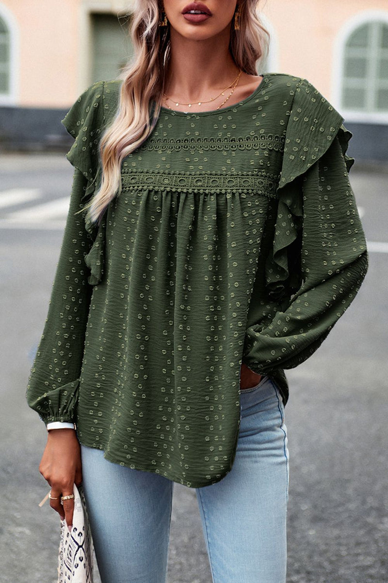 Chic and Playful: Ruffle Trim Balloon Sleeve Blouse at Burkesgarb