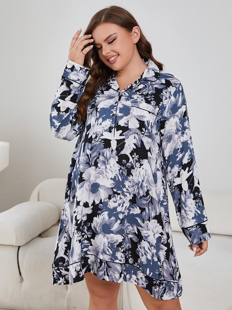 Elegant and Comfortable: Plus Size Floral Long Sleeve Night Dress at Burkesgarb