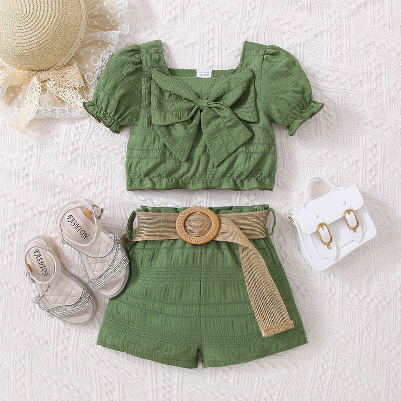 Adorable and Stylish: Kids Textured Bow Detail Top and Belted Shorts Set at Burkesgarb