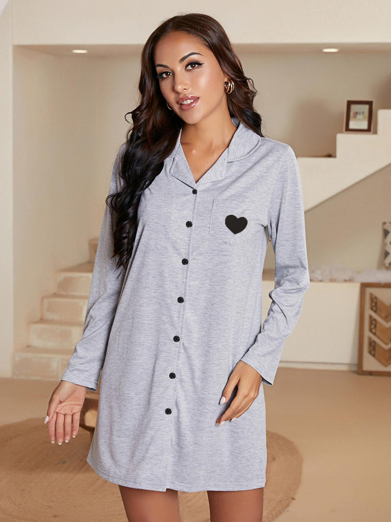 Sweet Dreams: Heart Graphic Long Sleeve Night Dress at Burkesgarb