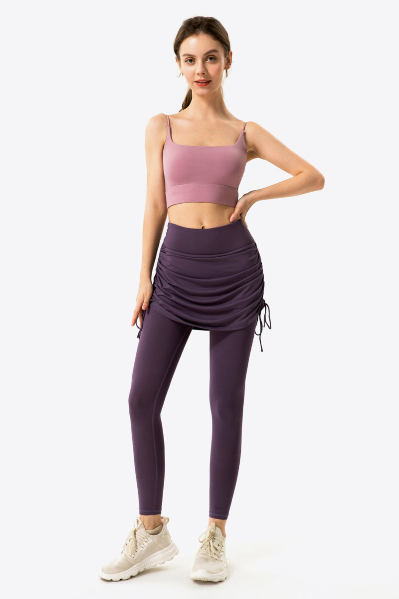 Elevate Your Wardrobe with Drawstring Ruched Faux Layered Yoga Leggings at Burkesgarb