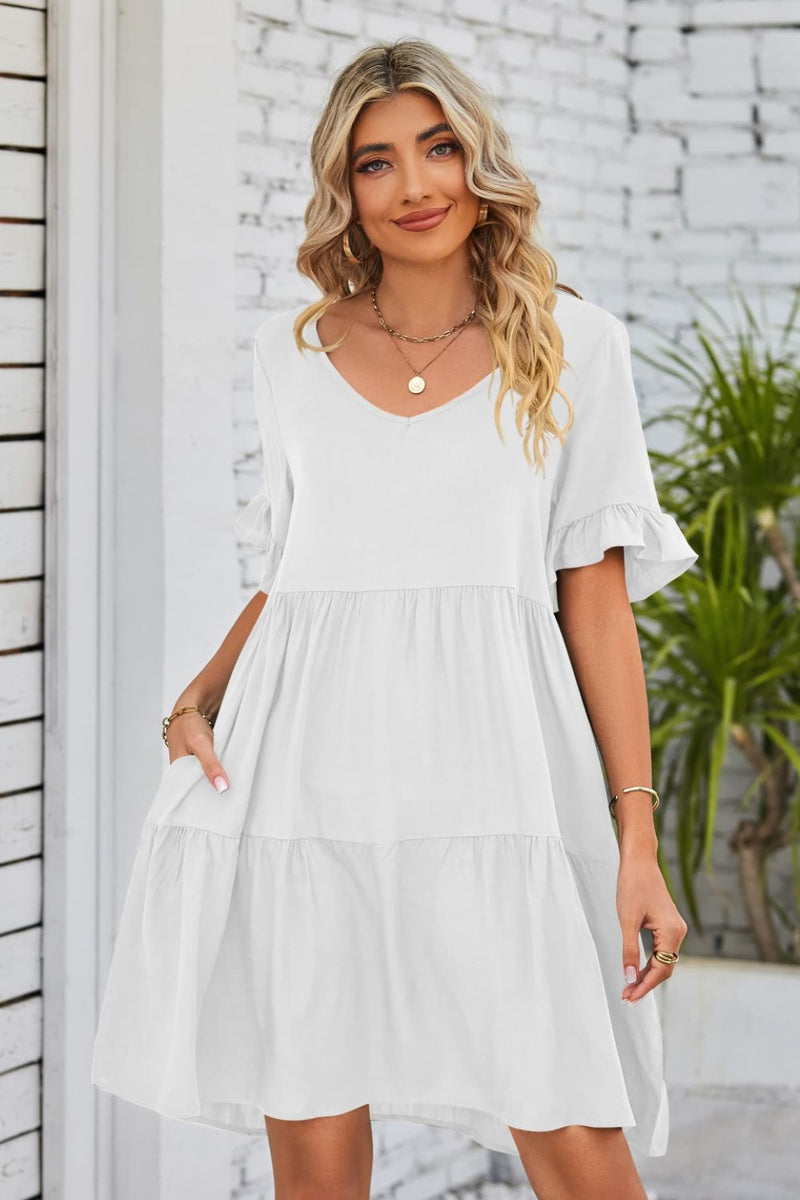 Flirty and Feminine: V-Neck Flounce Sleeve Tiered Dress at Burkesgarb