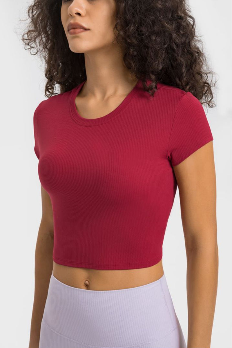 Stay Active in Style with the Round Neck Short Sleeve Cropped Sports T-Shirt at Burkesgarb