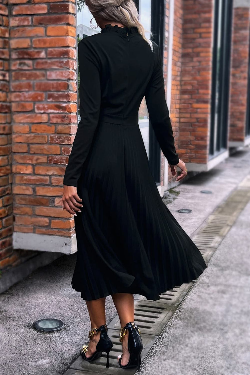 Embrace Elegance with the Ruffle Collar Pleated Long Sleeve Dress at Burkesgarb