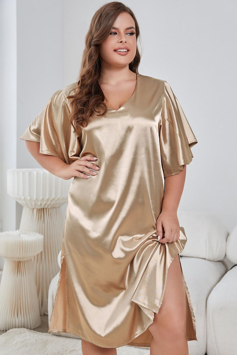 Elegance and Comfort Combined: Plus Size Flutter Sleeve V-Neck Side Night Gown at Burkesgarb