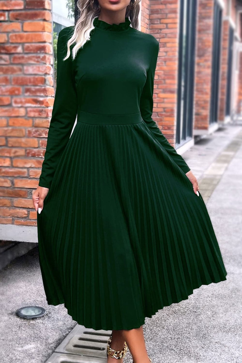 Embrace Elegance with the Ruffle Collar Pleated Long Sleeve Dress at Burkesgarb