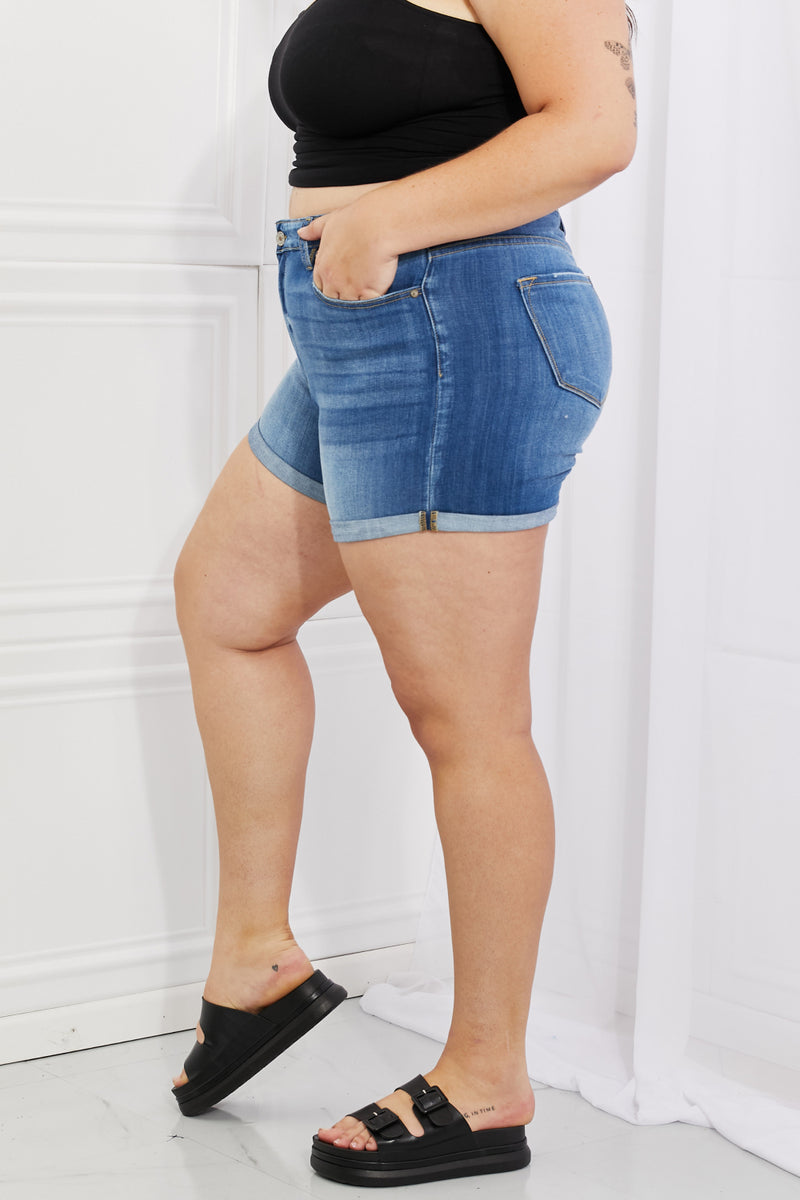 Stay Stylish and Comfortable with High Rise Medium Stone Wash Denim Shorts | Burkesgarb