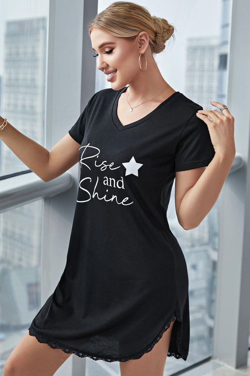 Start Your Day in Style with the RISE AND SHINE V-Neck T-Shirt Dress at Burkesgarb