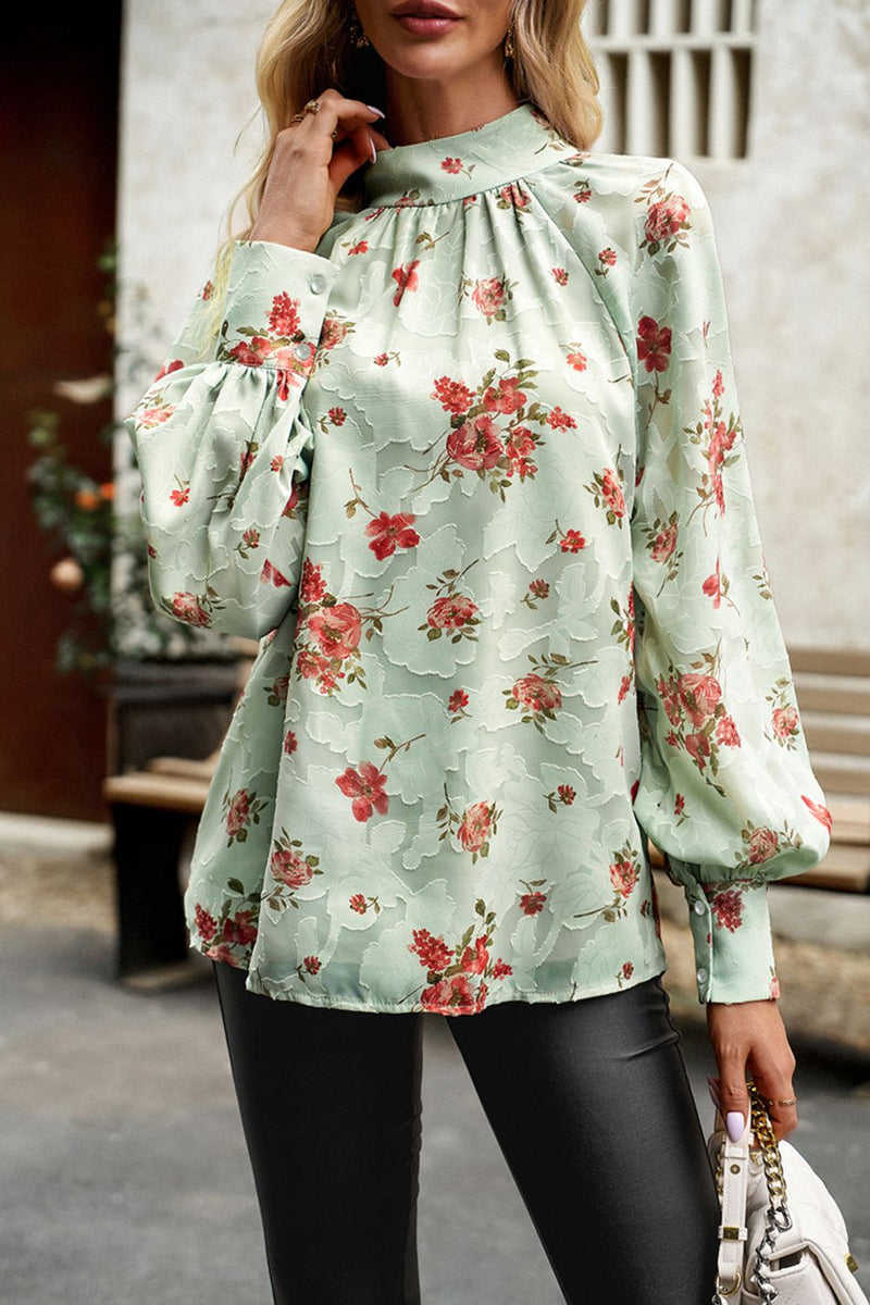 Charming and Chic: Floral Design Lantern Sleeve Blouse at Burkesgarb