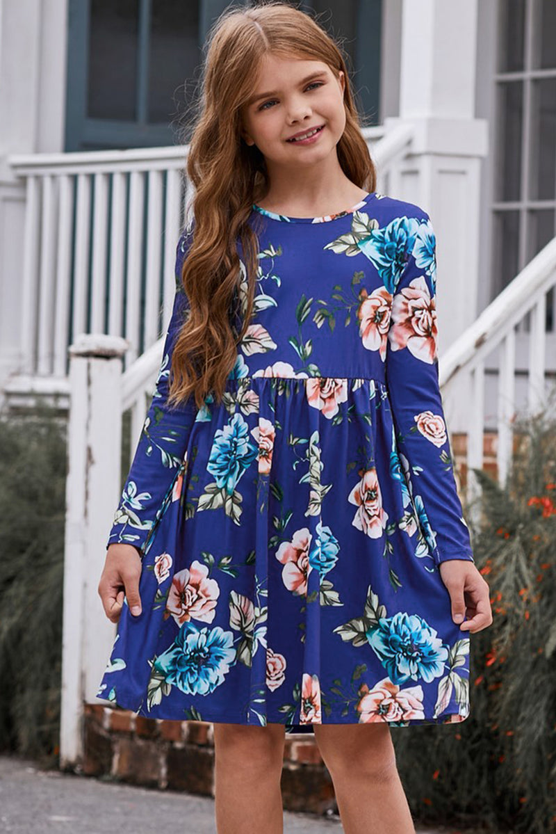 Blooming Elegance: Girls Floral Long Sleeve Dress with Pockets at Burkesgarb