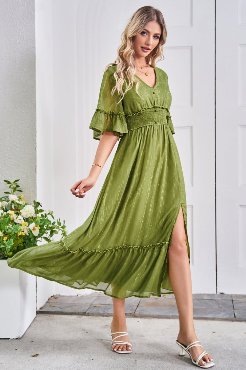 Elegance and Grace: V-Neck Flounce Sleeve Smocked Waist High Slit Dress at Burkesgarb