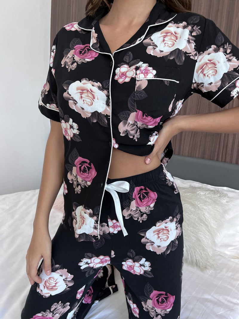 "Burkesgarb Blooming Comfort: Floral Short Sleeve Shirt and Pants Lounge Set"