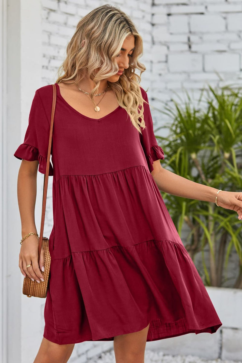 Flirty and Feminine: V-Neck Flounce Sleeve Tiered Dress at Burkesgarb