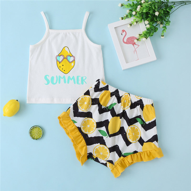 Adorable Baby Girl Lemon Design Thin Strap Shirt and Shorts Set at Burkesgarb