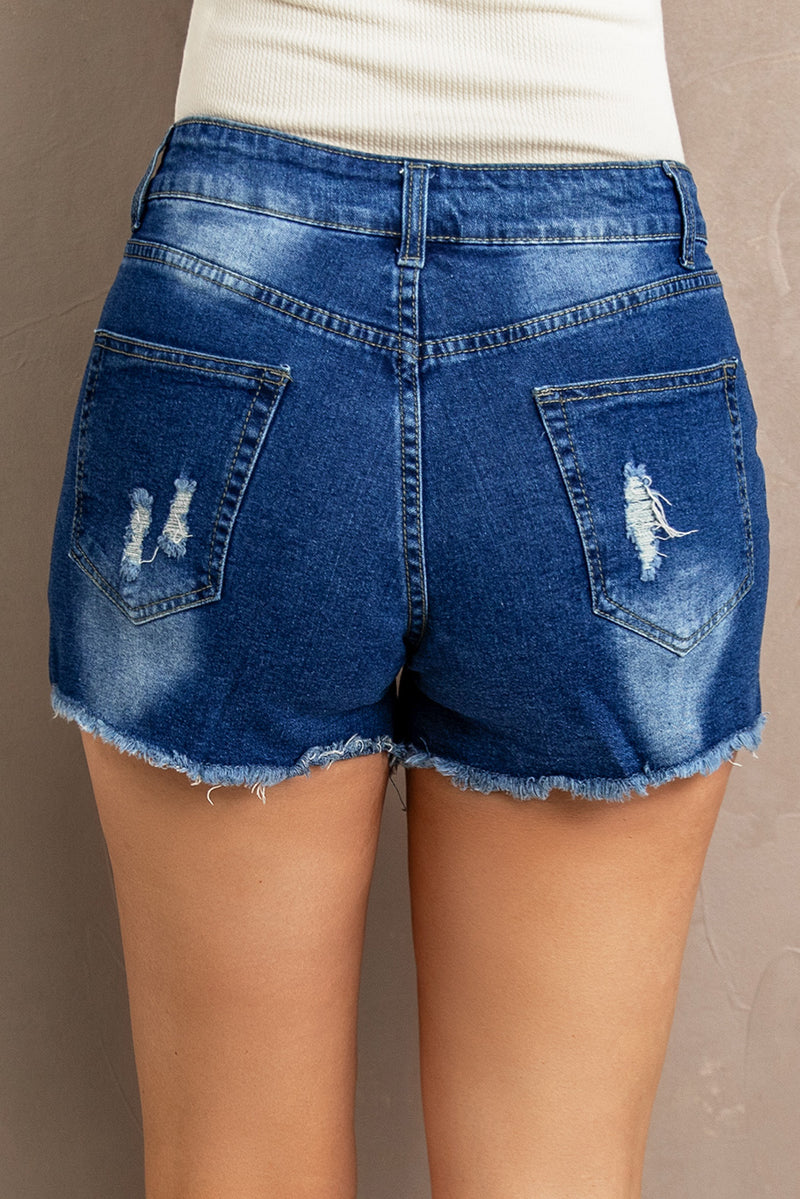 Effortless Style: Distressed Denim Shorts at Burkesgarb