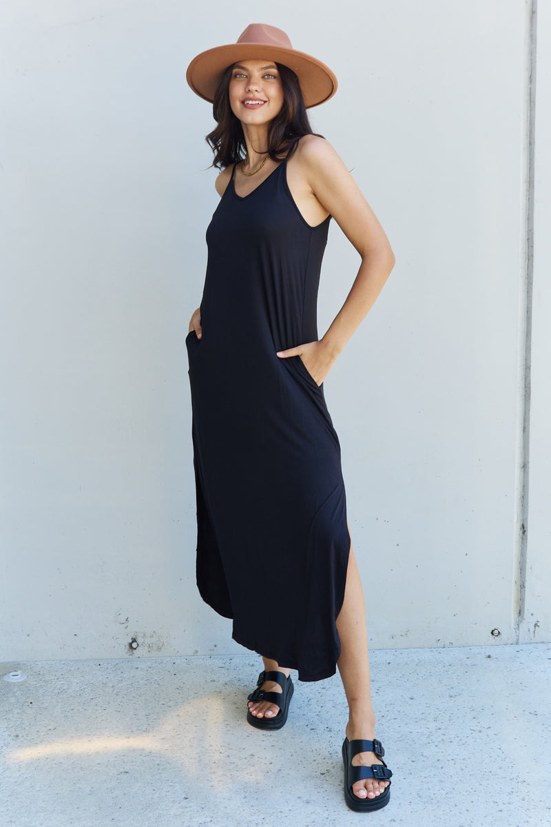 Elevate Your Style with the Ninexis Good Energy Full Size Cami Side Slit Maxi Dress in Black from Burkesgarb