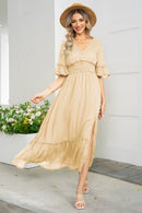 Elegance and Grace: V-Neck Flounce Sleeve Smocked Waist High Slit Dress at Burkesgarb