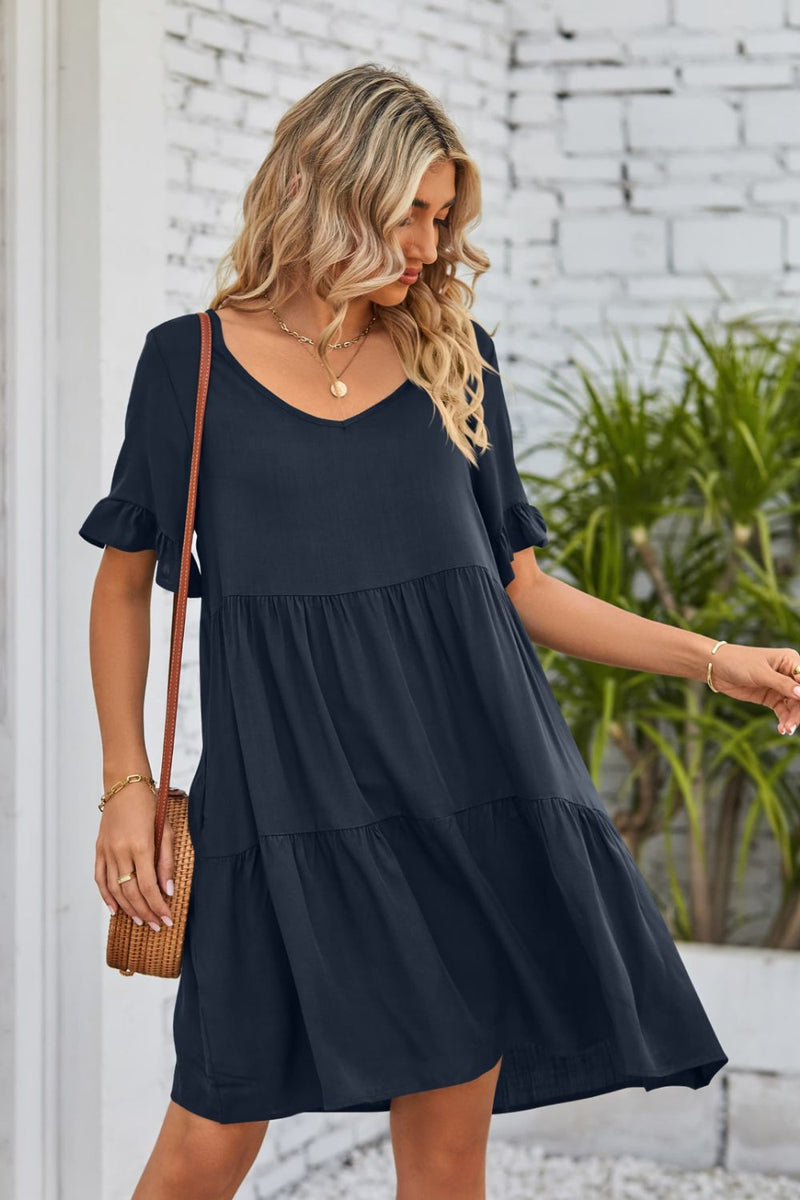 Flirty and Feminine: V-Neck Flounce Sleeve Tiered Dress at Burkesgarb