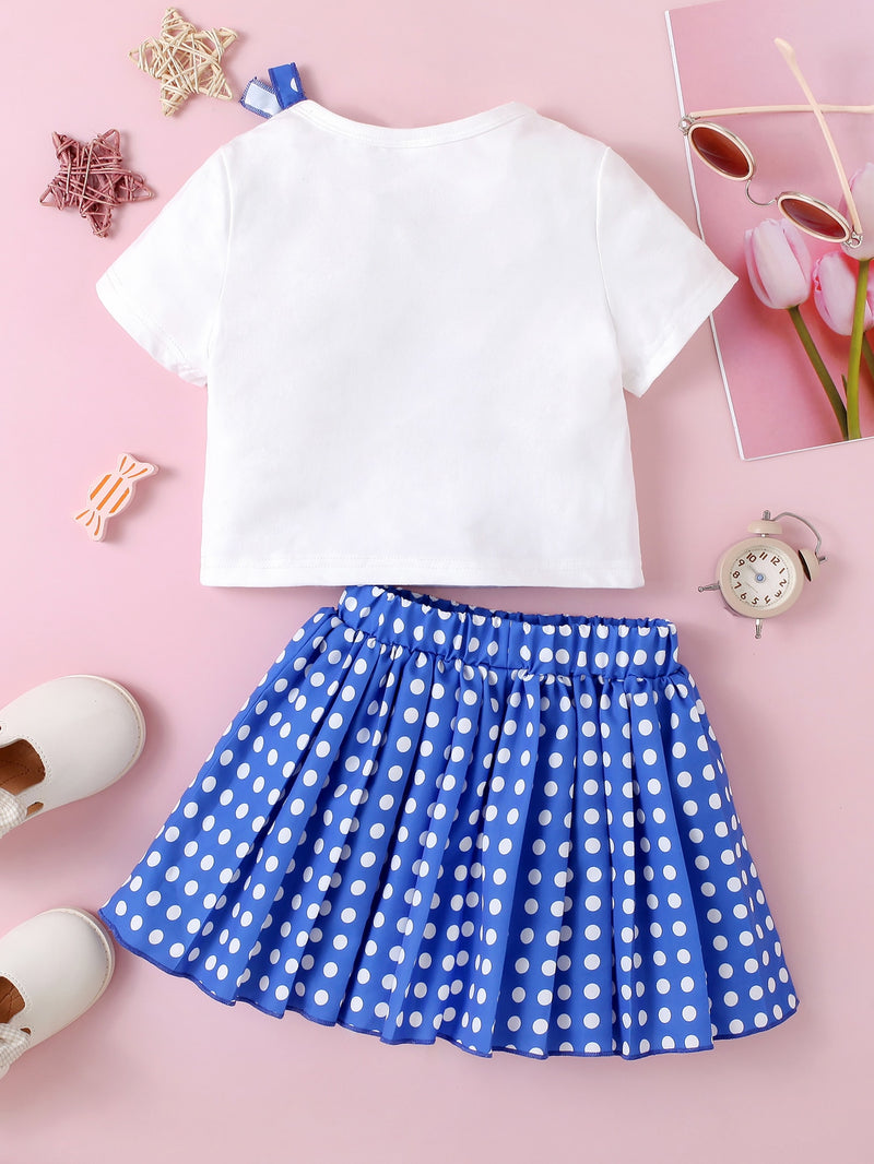 Graphic Bow Detail Top and Polka Dot Pleated Skirt Set