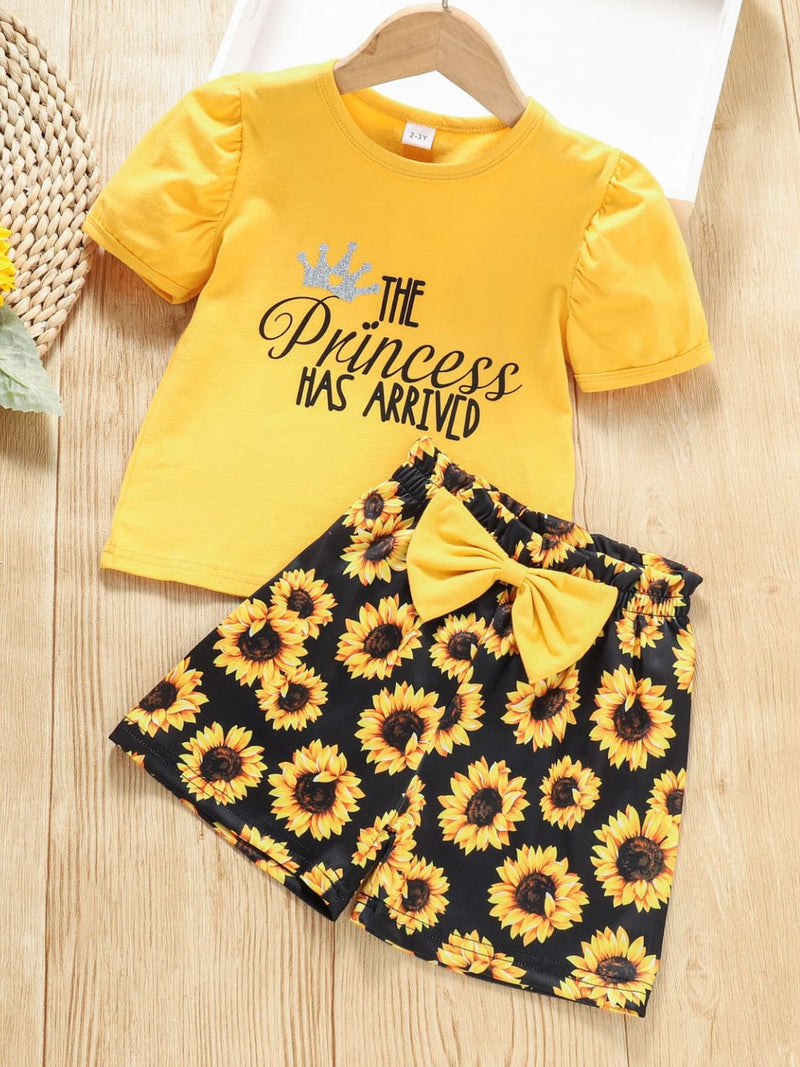 "Fun and Trendy: Girls Slogan Graphic Top and Sunflower Print Shorts Set by Burkesgarb | Playful and Stylish for Young Fashionistas"