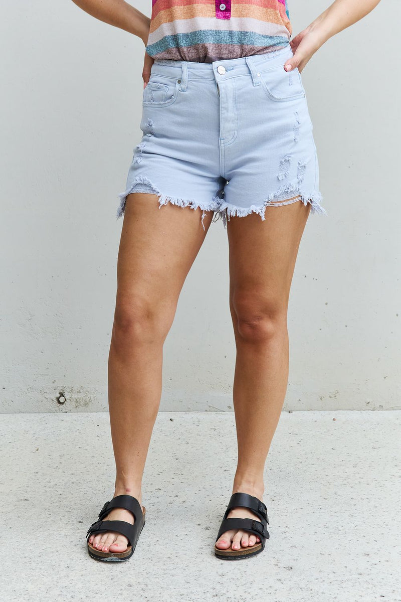 Shop RISEN Katie Full Size High Waisted Distressed Shorts in Ice Blue | Burkesgarb