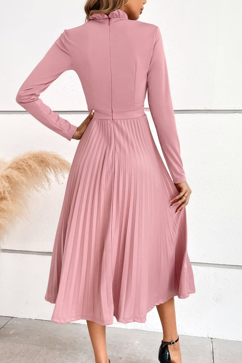 Embrace Elegance with the Ruffle Collar Pleated Long Sleeve Dress at Burkesgarb