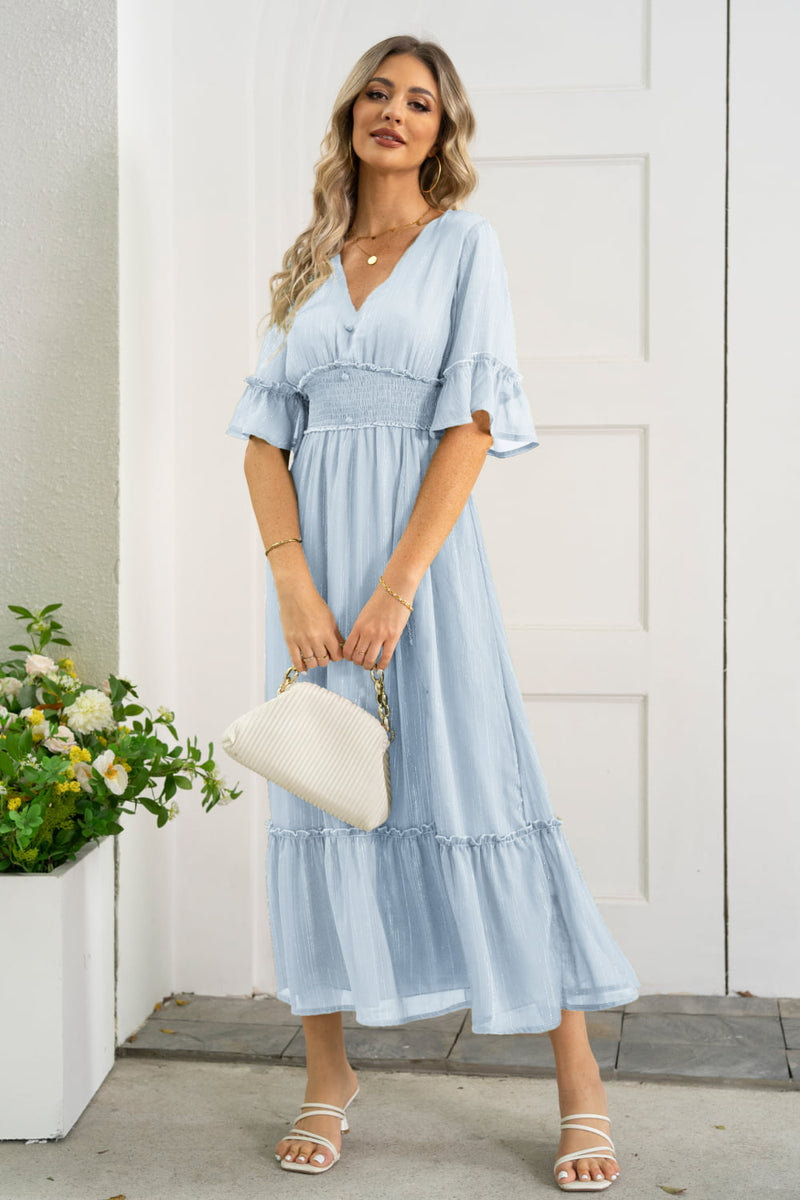 Elegance and Grace: V-Neck Flounce Sleeve Smocked Waist High Slit Dress at Burkesgarb