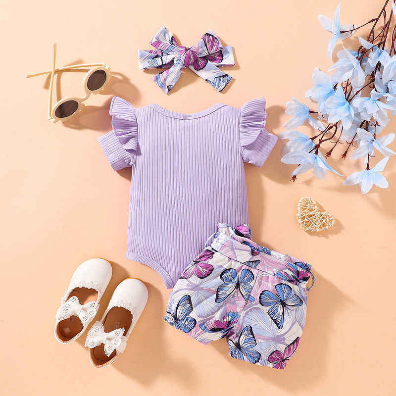 Adorable Elegance: Ribbed Ruffle Shoulder Babies Bodysuit and Butterfly Shorts Set at Burkesgarb