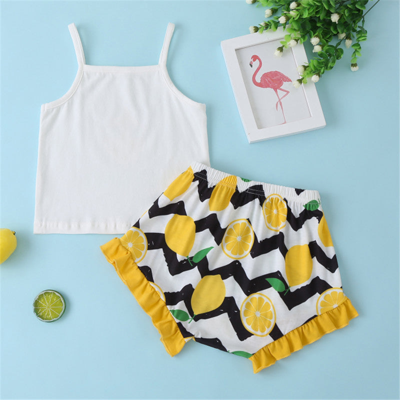 Adorable Baby Girl Lemon Design Thin Strap Shirt and Shorts Set at Burkesgarb
