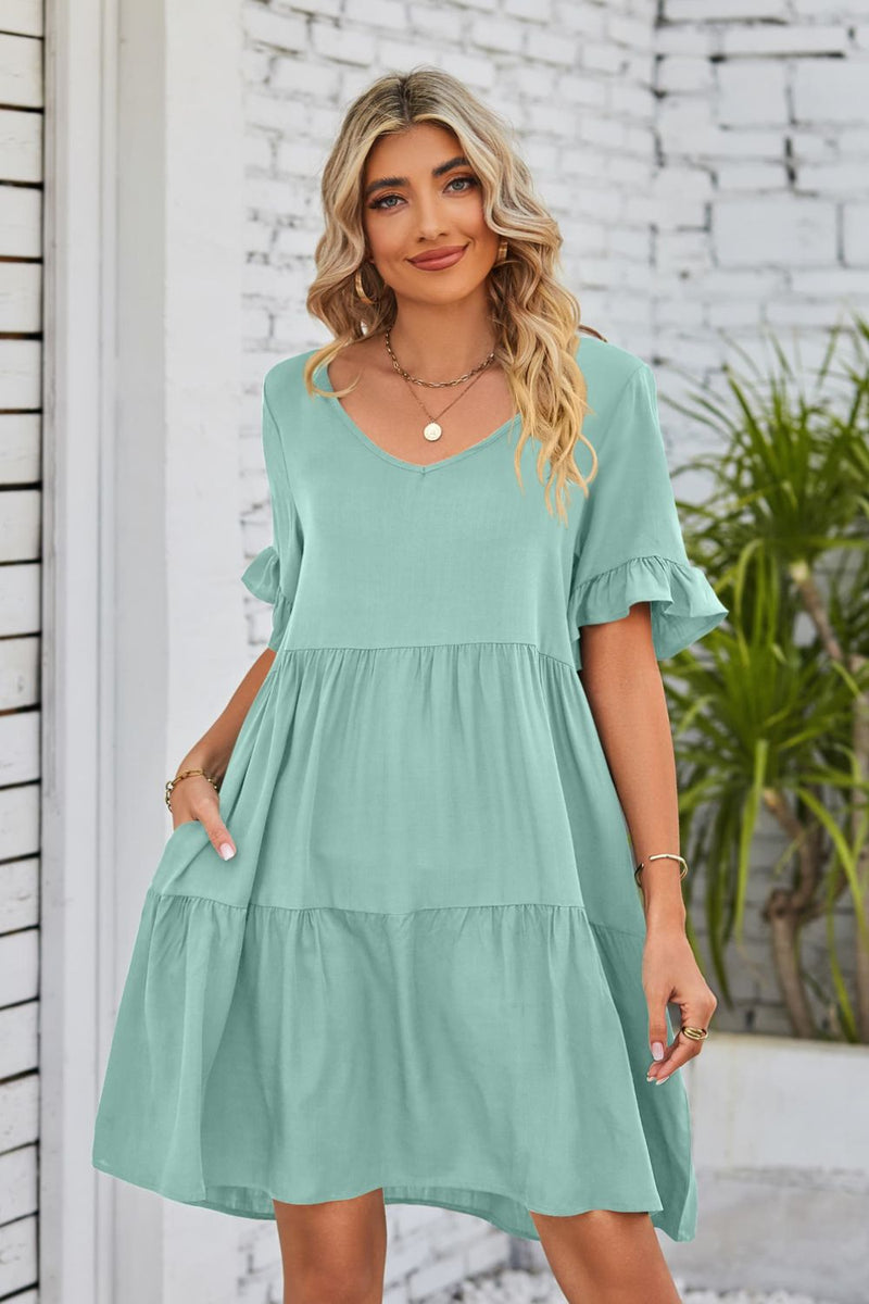 Flirty and Feminine: V-Neck Flounce Sleeve Tiered Dress at Burkesgarb