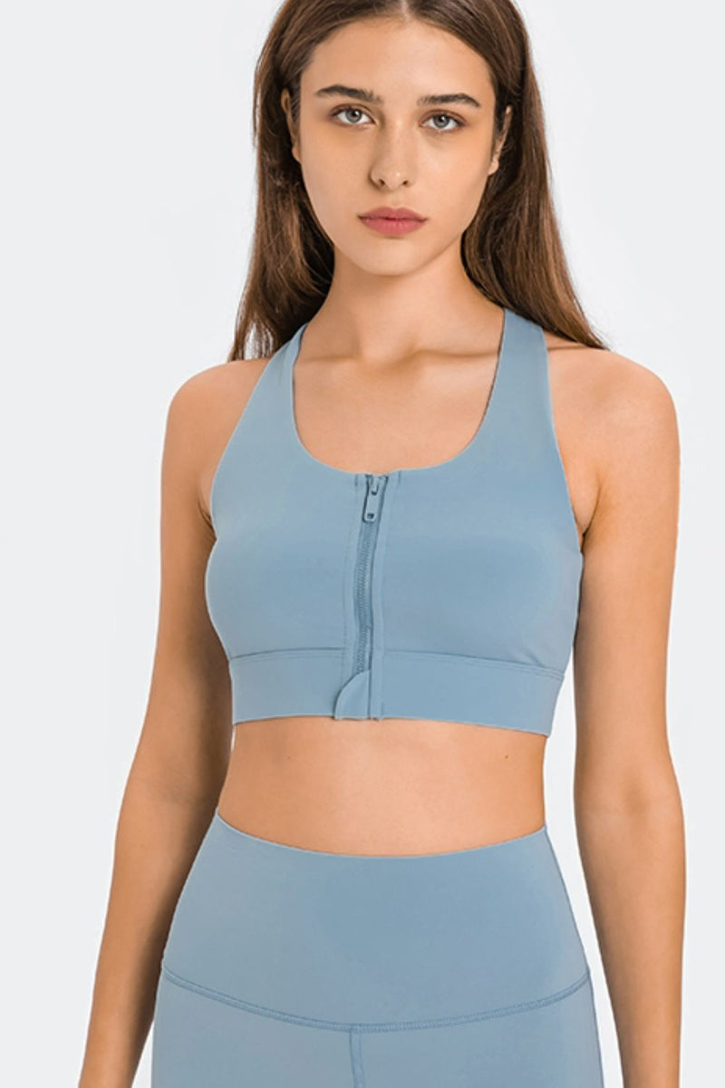 Experience Ultimate Support and Style with the Zip Up Racerback Sports Bra at Burkesgarb