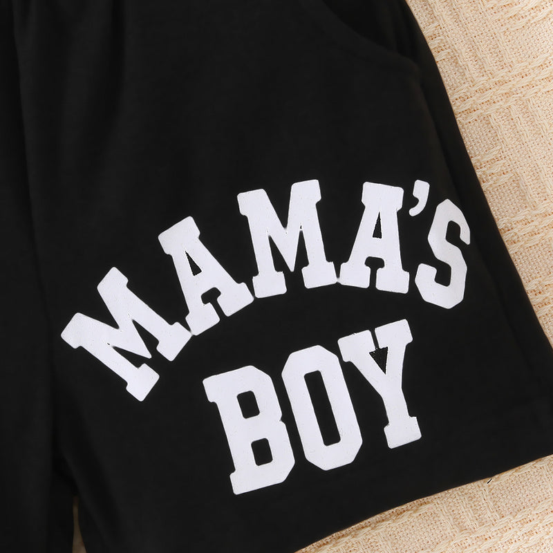 "Cute and Stylish Kids MAMA'S BOY Graphic Short Sleeve Hoodie and Shorts Set | Burkesgarb"