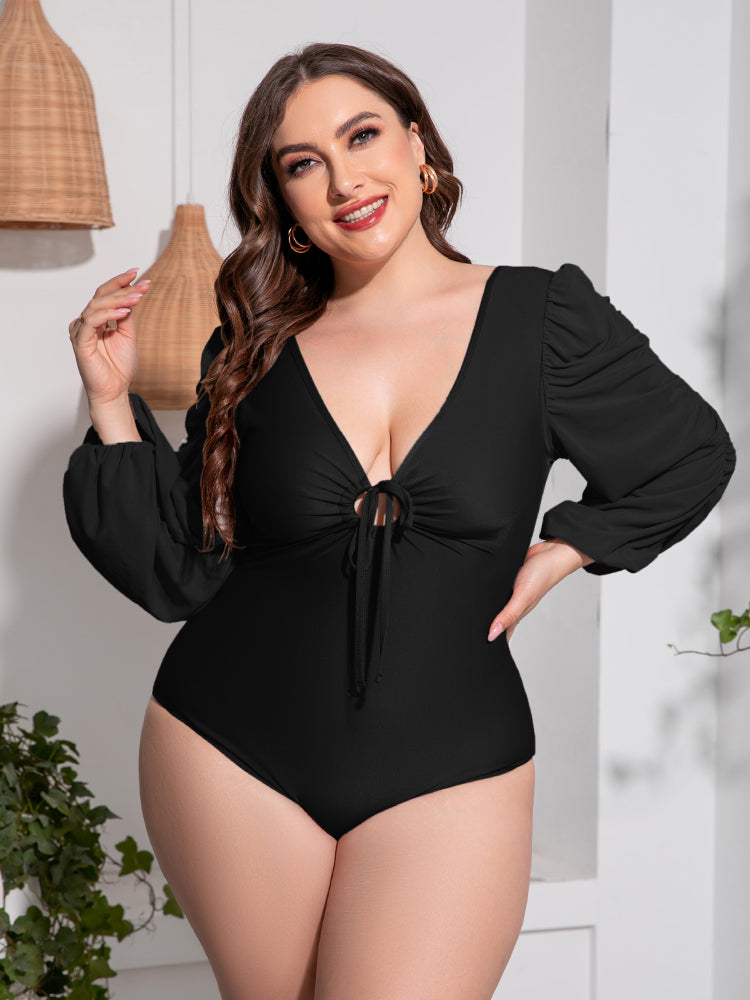 Flattering and Chic: Plus Size Tied Deep V Balloon Sleeve One-Piece Swimsuit | Burkesgarb