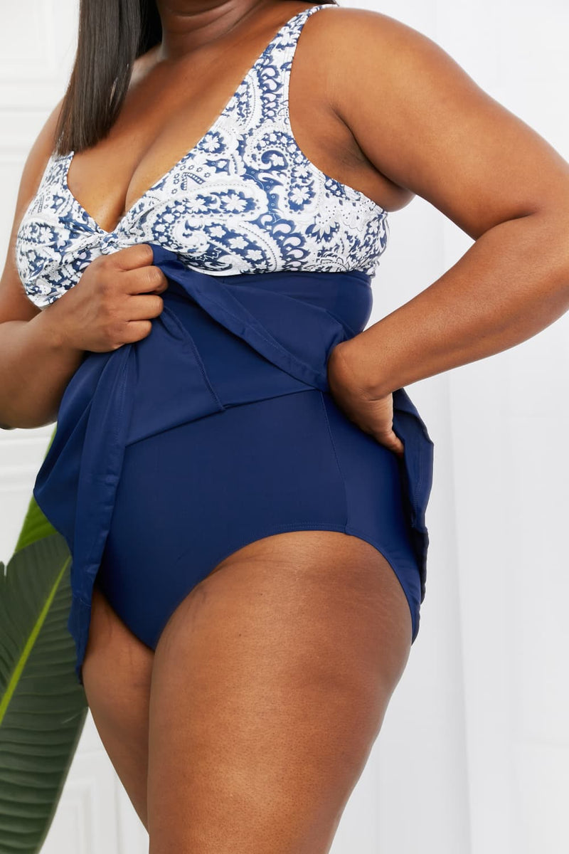Dive into Style with the Paisley Navy V-Neck Swim Dress