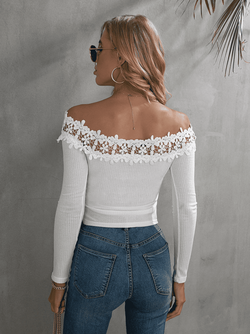 Chic and Alluring: Off-Shoulder Lace Trim Ribbed Tee at Burkesgarb