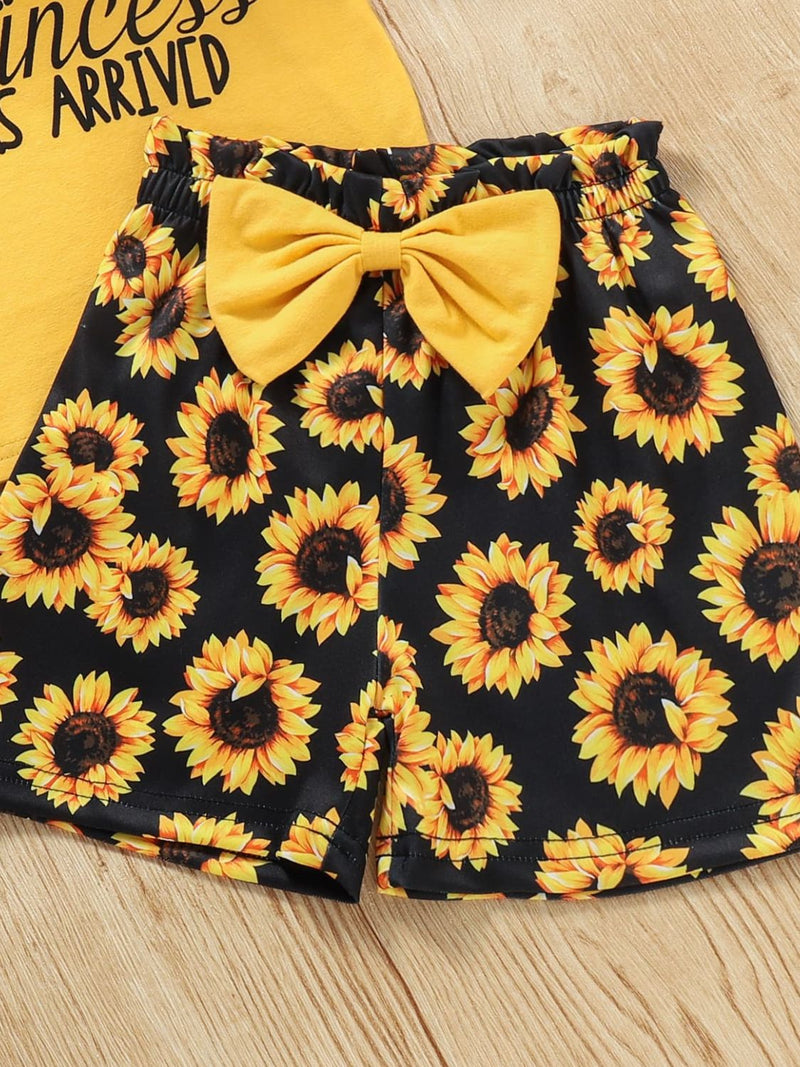 "Fun and Trendy: Girls Slogan Graphic Top and Sunflower Print Shorts Set by Burkesgarb | Playful and Stylish for Young Fashionistas"