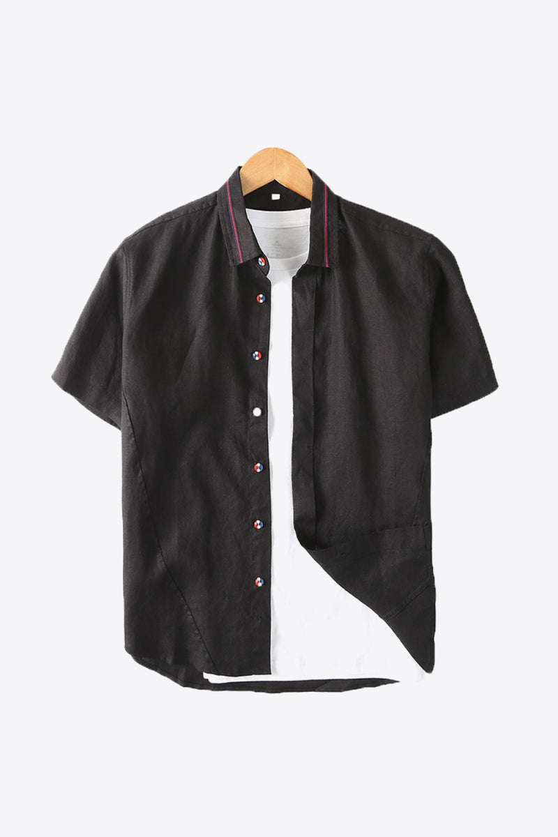 "Classic and Breathable: Buttoned Collared Neck Short Sleeve Linen Shirts by Burkesgarb"